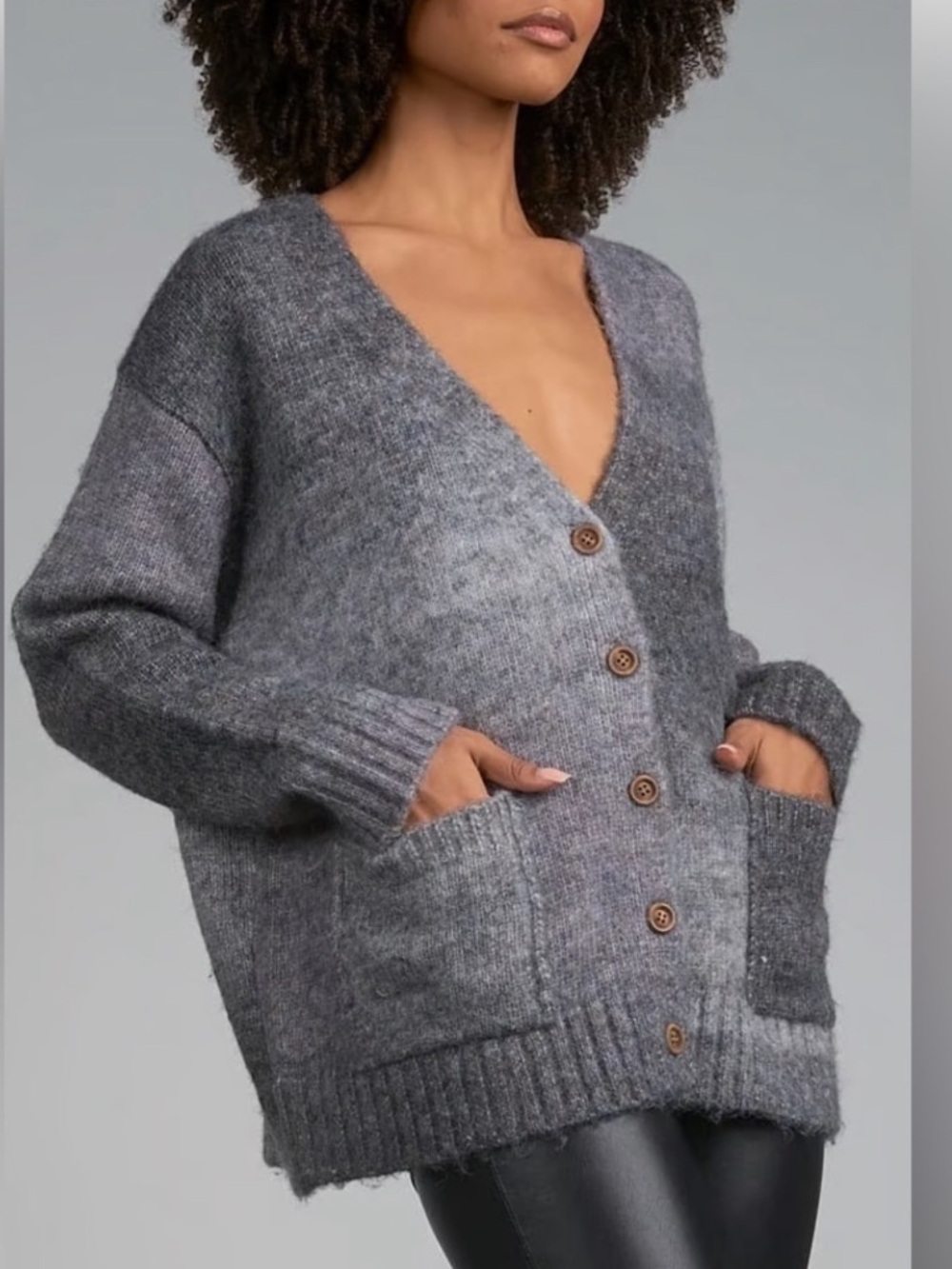 ELAN Gray Ombre V-Neck Button Front Cardigan
